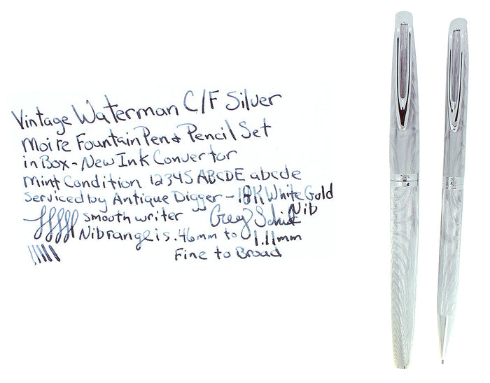 1950S WATERMAN C/F SILVER MOIRE FOUNTAIN PEN 18K NIB & PENCIL SET NR MINT OFFERED BY ANTIQUE DIGGER
