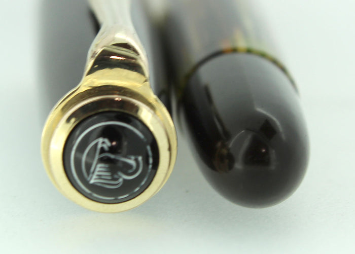 1950S PELIKAN 400NN FOUNTAIN PEN TORTOISE STRIATED CELLULOID OBLIQUE BROAD NIB RESTORED OFFERED BY ANTIQUE DIGGER