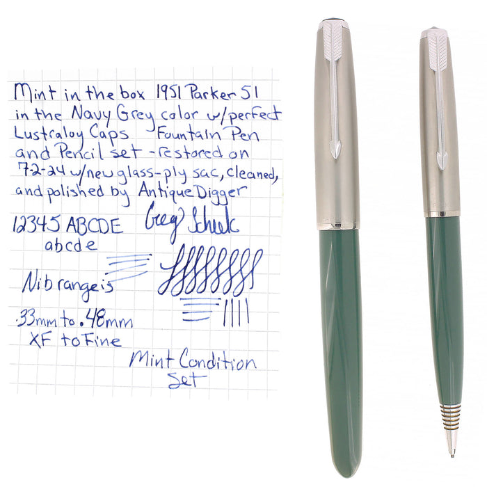 1951 PARKER 51 NAVY GREY AEROMETRIC FOUNTAIN PEN & PENCIL RESTORED MINT OFFERED BY ANTIQUE DIGGER