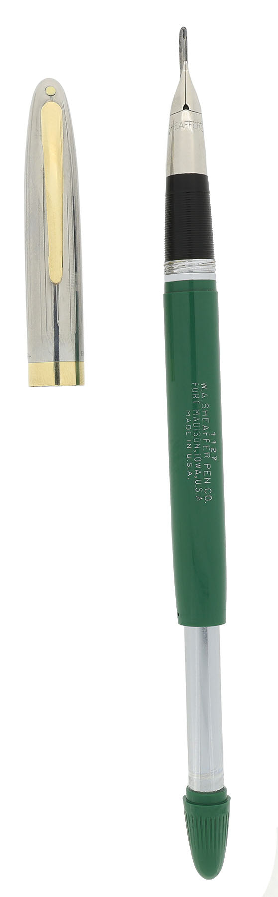 1953 SHEAFFER CLIPPER SNORKEL PASTEL GREEN FINE PgAg NIB FOUNTAIN PEN RESTORED OFFERED BY ANTIQUE DIGGER