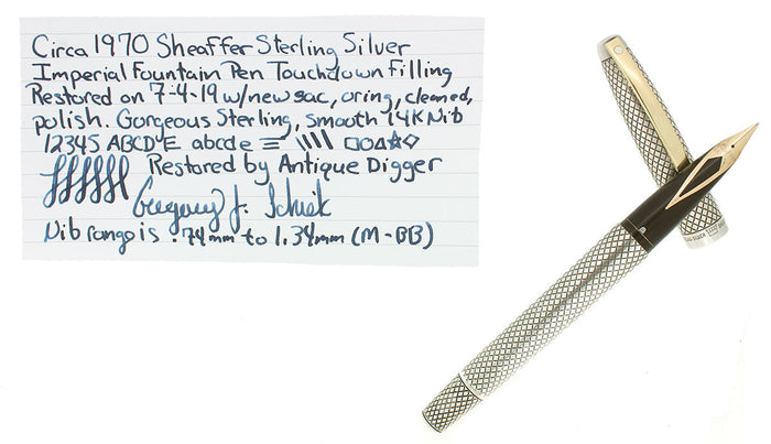 1970-71 SHEAFFER STERLING SILVER IMPERIAL TOUCHDOWN FILLER FOUNTAIN PEN DIAMOND DESIGN RESTORED OFFERED BY ANTIQUE DIGGER