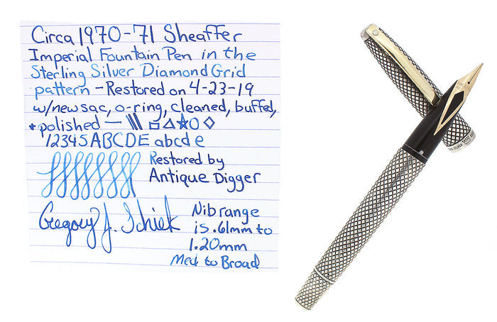 CIRCA 1970-71 SHEAFFER STERLING SILVER IMPERIAL TOUCHDOWN FILLER FOUNTAIN PEN DIAMOND GRID DESIGN RESTORED OFFERED BY ANTIQUE DIGGER
