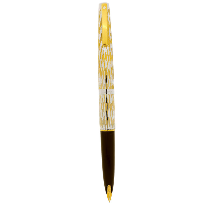 1976 LADY SHEAFFER CHEVRON CHROME & GOLD PLATE FOUNTAIN PEN NEVER INKED OFFERED BY ANTIQUE DIGGER