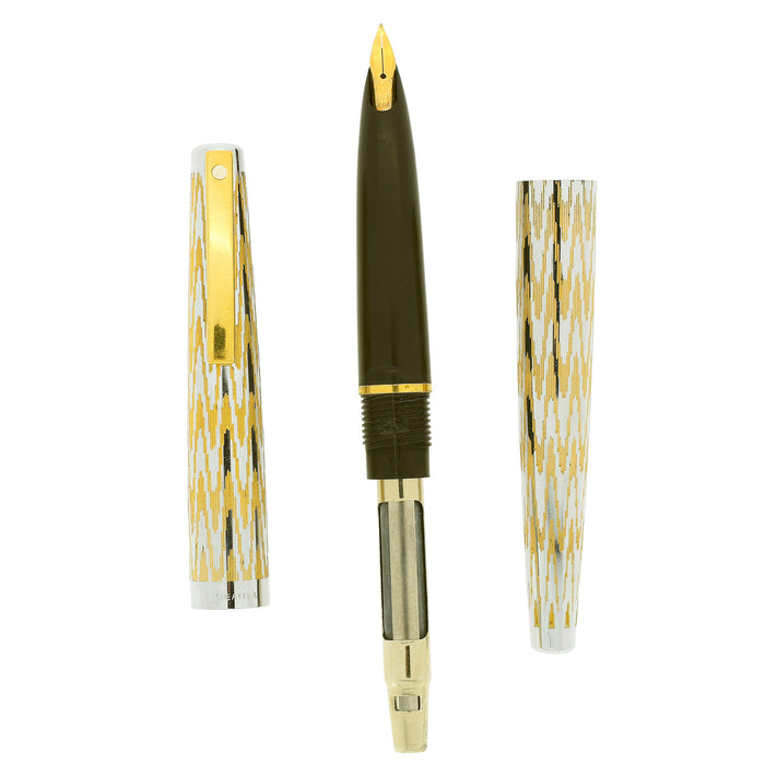 1976 LADY SHEAFFER CHEVRON CHROME & GOLD PLATE FOUNTAIN PEN NEVER INKED OFFERED BY ANTIQUE DIGGER