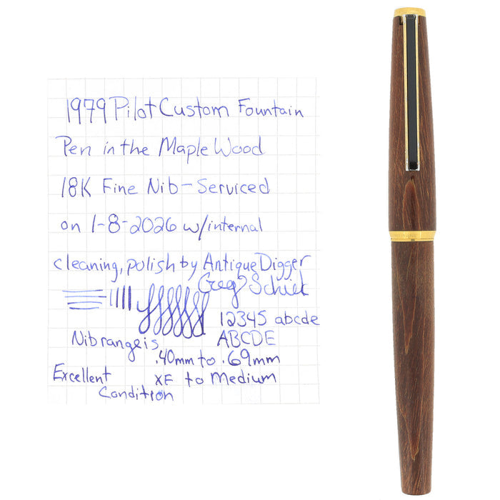 1979 JAPAN PILOT CUSTOM MAPLE WOOD 18K FINE NIB FOUNTAIN PEN SERVICED OFFERED BY ANTIQUE DIGGER
