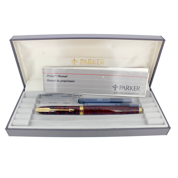 1982 PARKER 75 BROWN LAQUE 18K FINE NIB FOUNTAIN PEN NEVER INKED BOXED OFFERED BY ANTIQUE DIGGER