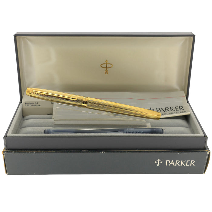 1989 PARKER 75 22K GOLD PLATE 18K FINE NIB FOUNTAIN PEN NEW IN BOX OFFERED BY ANTIQUE DIGGER