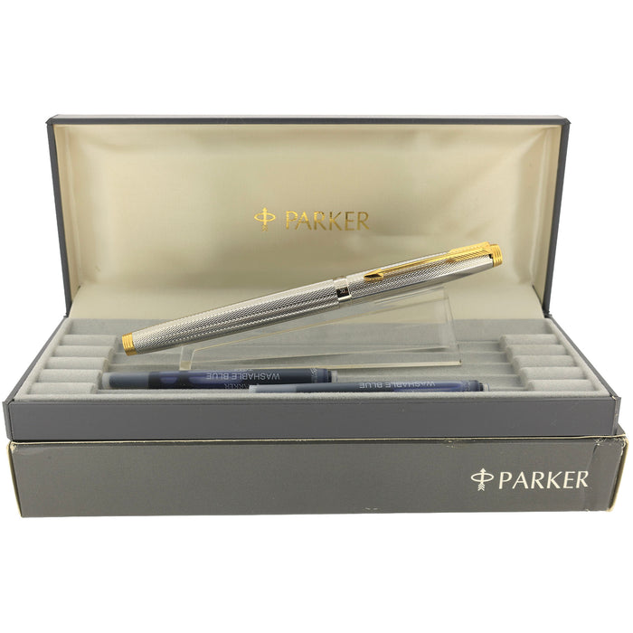 1992 PARKER 75 GRAIN d'ORGE SILVER PLATE W/RHODIUM FINISH 18K MED NIB FOUNTAIN PEN NEVER INKED OFFERED BY ANTIQUE DIGGER