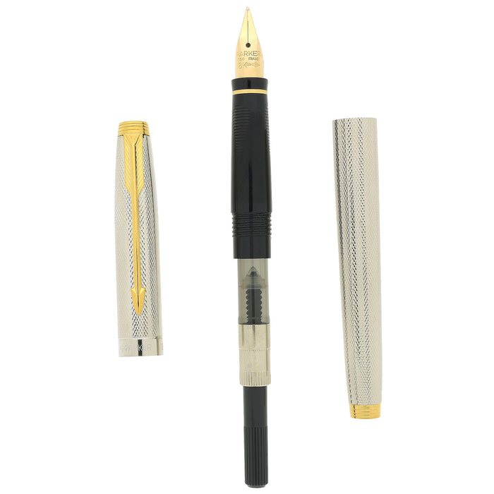 1992 PARKER 75 GRAIN d'ORGE SILVER PLATE W/RHODIUM FINISH 18K MED NIB FOUNTAIN PEN NEVER INKED OFFERED BY ANTIQUE DIGGER
