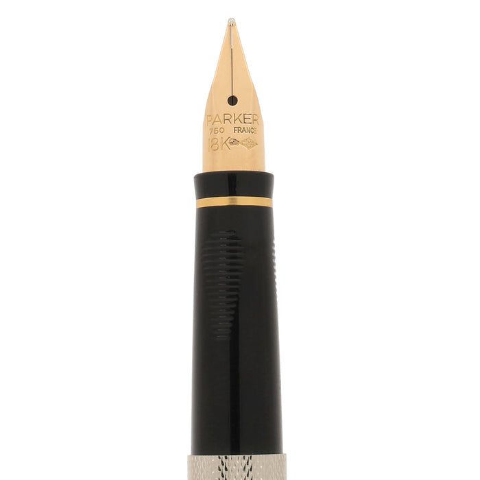 1992 PARKER 75 GRAIN d'ORGE SILVER PLATE W/RHODIUM FINISH 18K MED NIB FOUNTAIN PEN NEVER INKED OFFERED BY ANTIQUE DIGGER