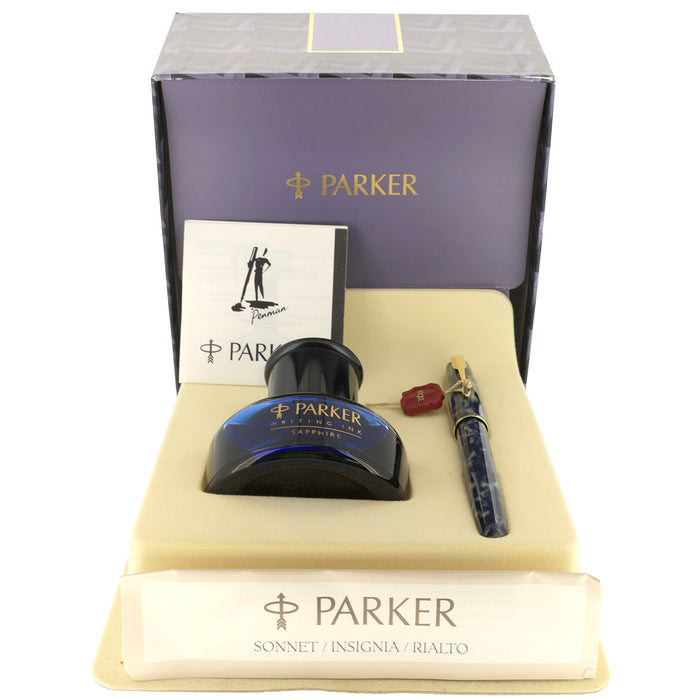 1995 PARKER SONNET PREMIER INDIGO BLUE LAQUE 18K FINE NIB FOUNTAIN PEN GIFT SET OFFERED BY ANTIQUE DIGGER