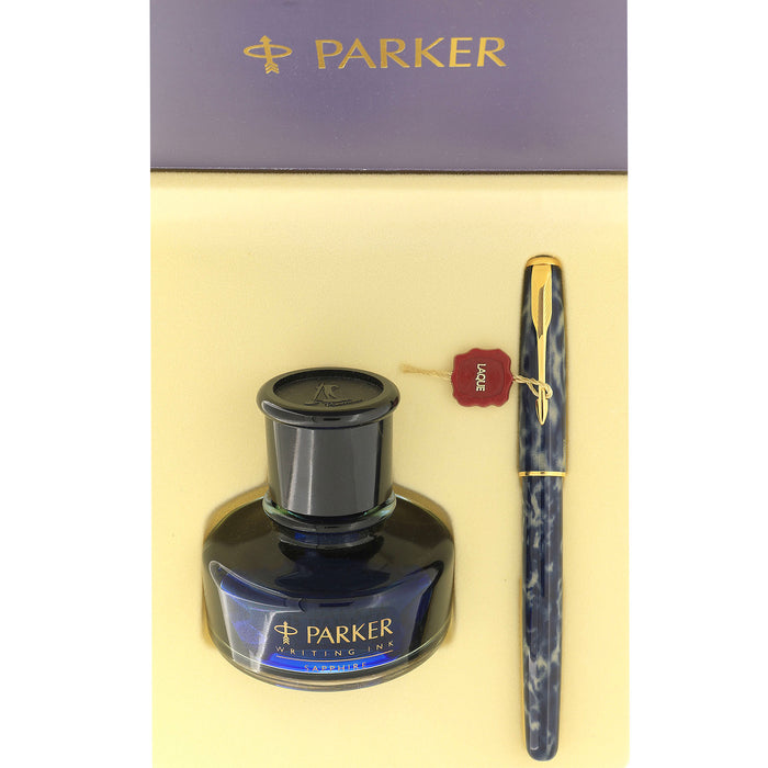 1995 PARKER SONNET PREMIER INDIGO BLUE LAQUE 18K FINE NIB FOUNTAIN PEN GIFT SET OFFERED BY ANTIQUE DIGGER