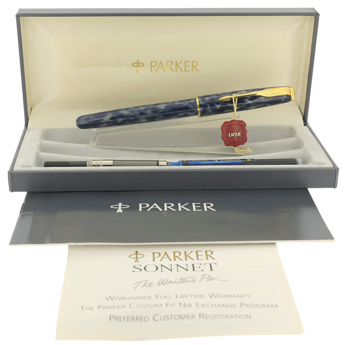 1995 PARKER SONNET PREMIER INDIGO BLUE LAQUE 18K FINE NIB FOUNTAIN PEN NEVER INKED OFFERED BY ANTIQUE DIGGER