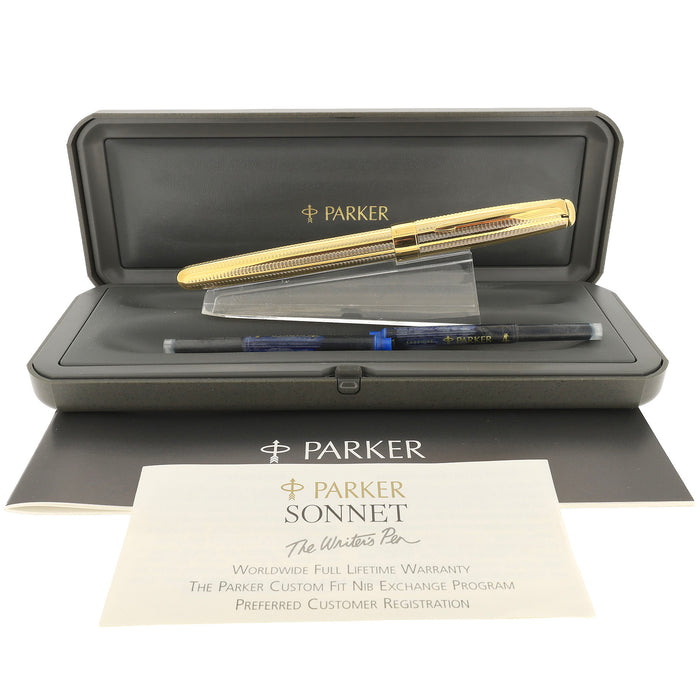 1998 PARKER SONNET CASCADE GOLD PATTERN 18K BROAD NIB FOUNTAIN PEN NEW OLD STOCK