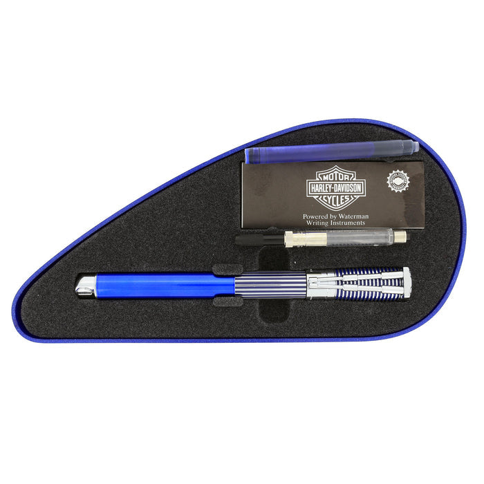 1999 WATERMAN BLUE & CHROME HARLEY DAVIDSON FOUNTAIN PEN IN GAS TANK BOX NEVER INKED OFFERED BY ANTIQUE DIGGER