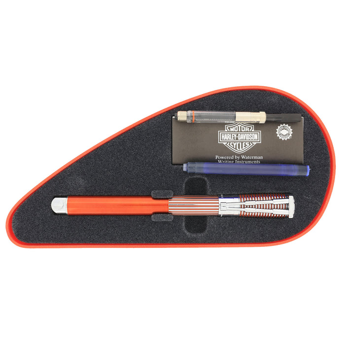 1999 WATERMAN ORANGE & CHROME HARLEY DAVIDSON FOUNTAIN PEN IN GAS TANK BOX NEVER INKED OFFERED BY ANTIQUE DIGGER