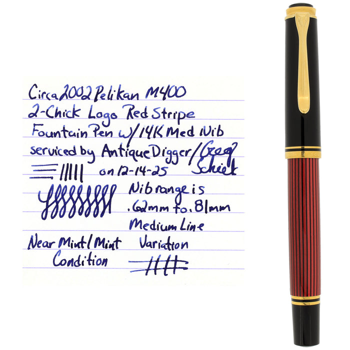 2002 PELIKAN M400 SOUVERAN RED STRIPE TWO-CHICK LOGO 14K MEDIUM NIB FOUNTAIN PEN OFFERED BY ANTIQUE DIGGER