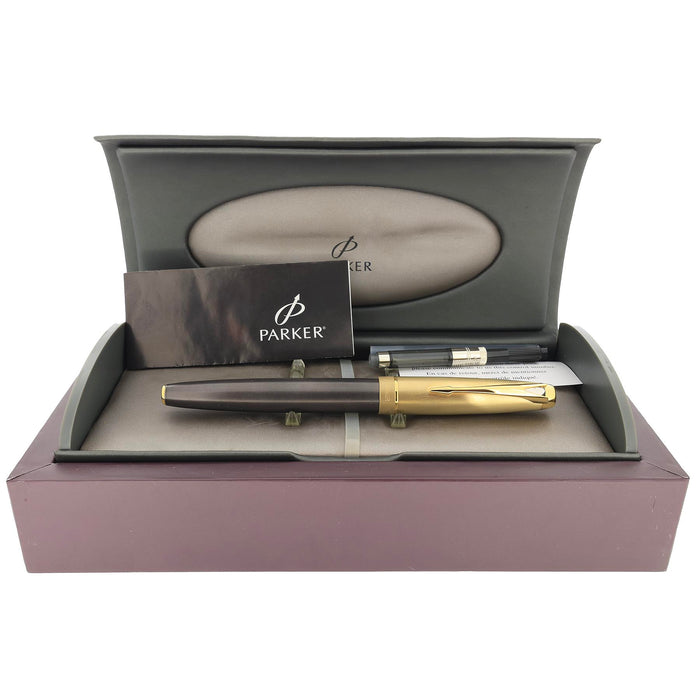2003 PARKER 100 SMOKE BRONZE W/GOLD TRIM 18K NIB FOUNTAIN PEN NEVER INKED OFFERED BY ANTIQUE DIGGER
