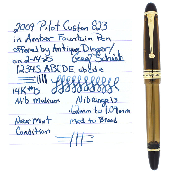 2009 PILOT CUSTOM 823 AMBER VACUUM-FILLER 14K #15 MED NIB FOUNTAIN PEN NEAR MINT
