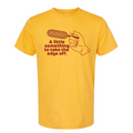 A yellow unisex fine jersey t-shirt featuring the phrase 'A little something to take the edge off' with a fun graphic, perfect as a Texas themed gift, ideal for Texas Made Gifts, and great as souvenirs from Texas like a dallas souvenir or texan gifts.