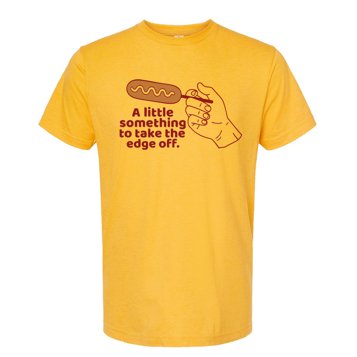 A yellow unisex fine jersey t-shirt featuring the phrase 'A little something to take the edge off' with a fun graphic, perfect as a Texas themed gift, ideal for Texas Made Gifts, and great as souvenirs from Texas like a dallas souvenir or texan gifts.