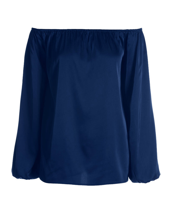 Anna Off the Shoulder Charmeuse Blouse Navy