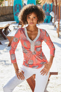 Beach Shells Embellished Knit Top Coral
