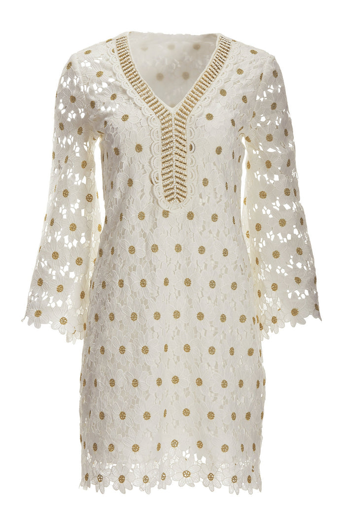 Beaded Floral Lace Shift Dress White Multi