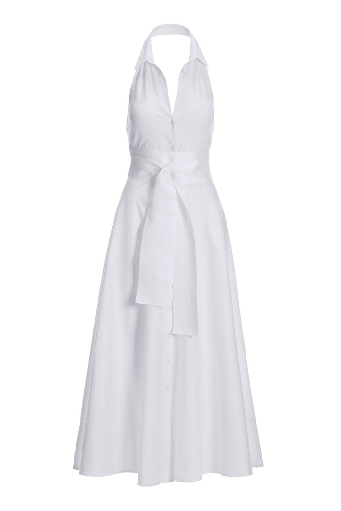 Belted Poplin Shirt Dress Maxi White