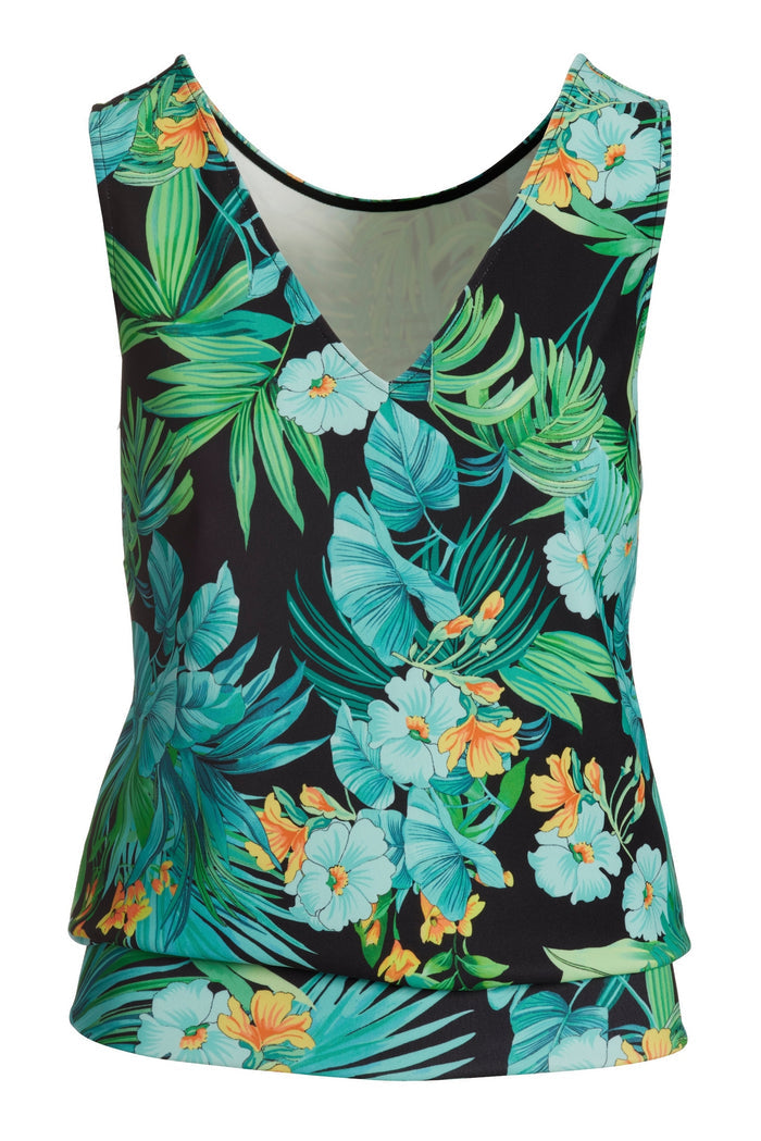 BEYOND TRAVEL TROPICAL PRINTED SLEEVELESS BLOUSON TOP Green Multi