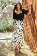 Black and White Floral Print Midi Skirt Black/White