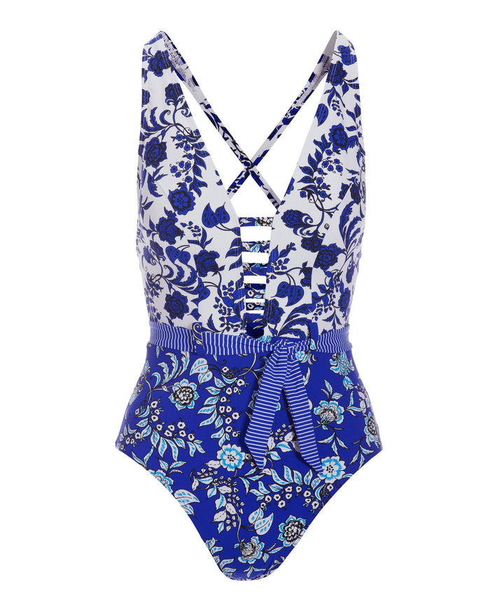 Blue Rosa Ladder Plunge One-Piece Swimsuit Blue White