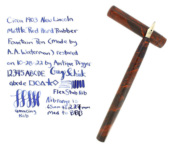 C1903 NEW LINCOLN MOTTLED HARD RUBBER FOUNTAIN PEN M-BBB 2.27 FLEX NIB RESTORED OFFERED BY ANTIQUE DIGGER