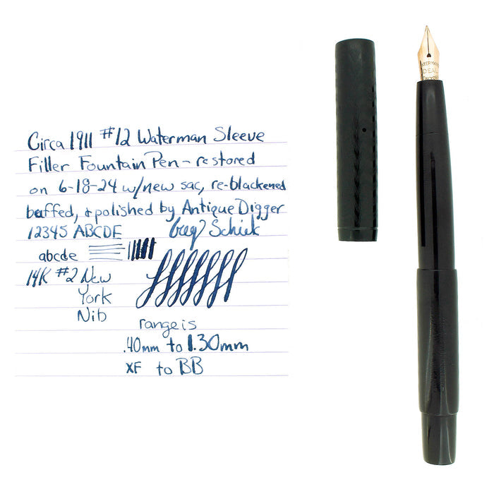 C1911 WATERMAN #12 BCHR SLEEVE FILLER FOUNTAIN PEN XF-BB FLEX NIB RESTORED OFFERED BY ANTIQUE DIGGER