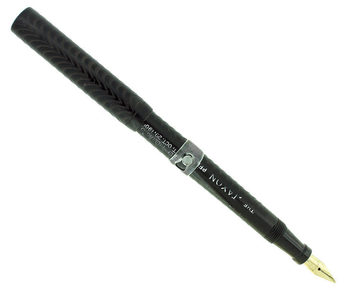 C1912 JAXON BLACK CHASED HARD RUBBER STUD FILLER FOUNTAIN PEN RESTORED OFFERED BY ANTIQUE DIGGER