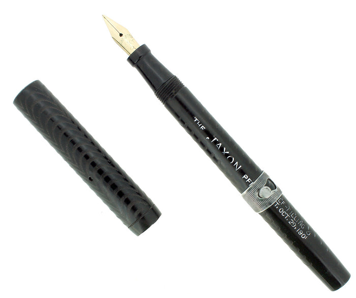 C1912 JAXON BLACK CHASED HARD RUBBER STUD FILLER FOUNTAIN PEN RESTORED OFFERED BY ANTIQUE DIGGER
