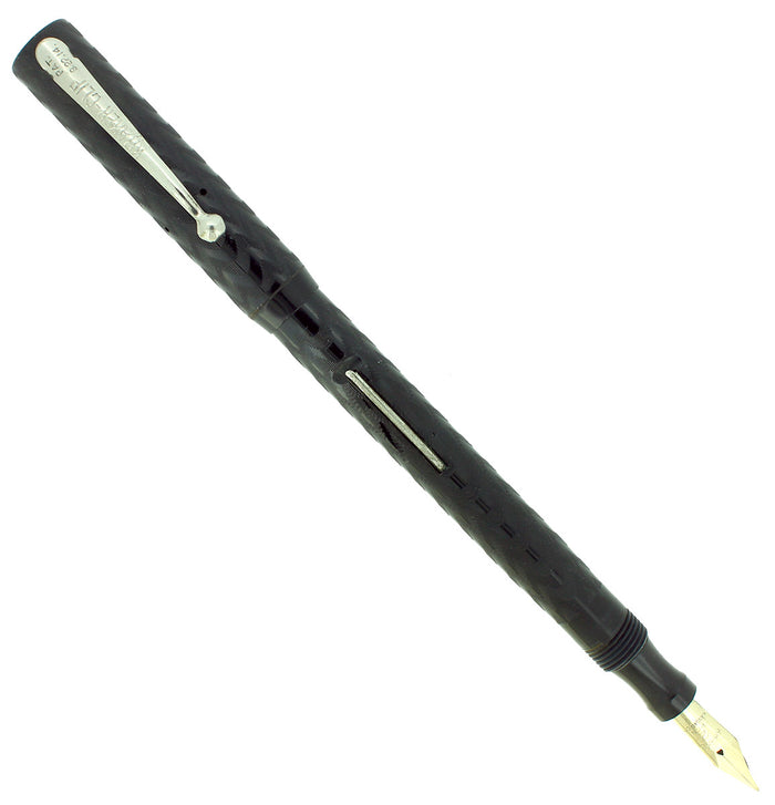 C1915 KRAKER BLACK CHASED HARD RUBBER FILLER FOUNTAIN PEN RESTORED NEAR MINT OFFERED BY ANTIQUE DIGGER