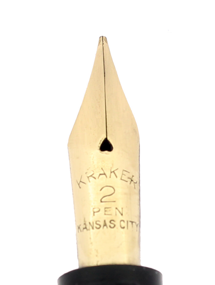 C1915 KRAKER BLACK CHASED HARD RUBBER FILLER FOUNTAIN PEN RESTORED NEAR MINT OFFERED BY ANTIQUE DIGGER