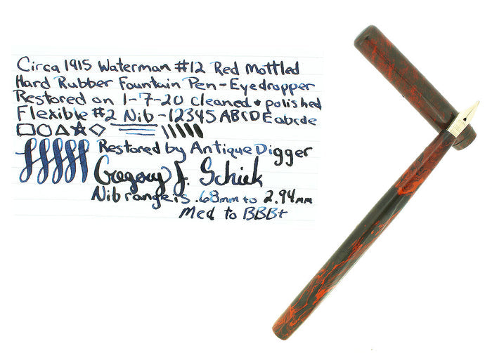 C1915 WATERMAN #12 MOTTLED RED HARD RUBBER FLEX NIB 2.94mm FOUNTAIN PEN RESTORED OFFERED BY ANTIQUE DIGGER