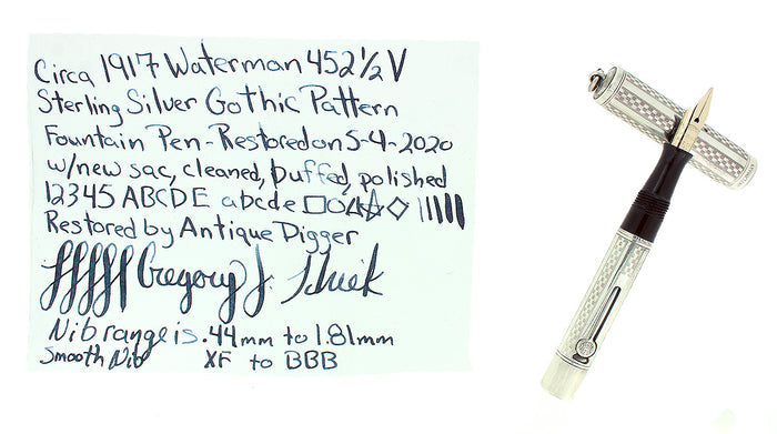 C1917 WATERMAN STERLING GOTHIC OVERLAY 452 1/2V XF-BBB NIB FOUNTAIN PEN RESTORED OFFERED BY ANTIQUE DIGGER