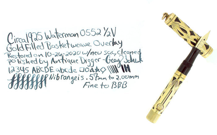 C1925 WATERMAN 18K GOLD FILLED 0552 1/2V BASKETWEAVE FOUNTAIN PEN RESTORED OFFERED BY ANTIQUE DIGGER