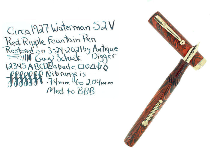 C1927 WATERMAN 52V RIPPLE RIPPLE M-BBB 2.04MM FLEX NIB FOUNTAIN PEN RESTORED OFFERED BY ANTIQUE DIGGER