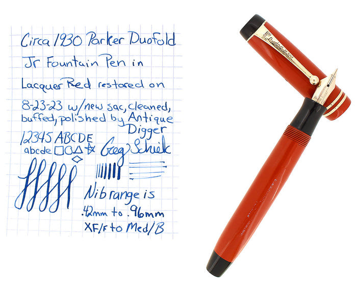 C1930 PARKER STREAMLINE DUOFOLD JR LACQUER RED FOUNTAIN PEN RESTORED OFFERED BY ANTIQUE DIGGER