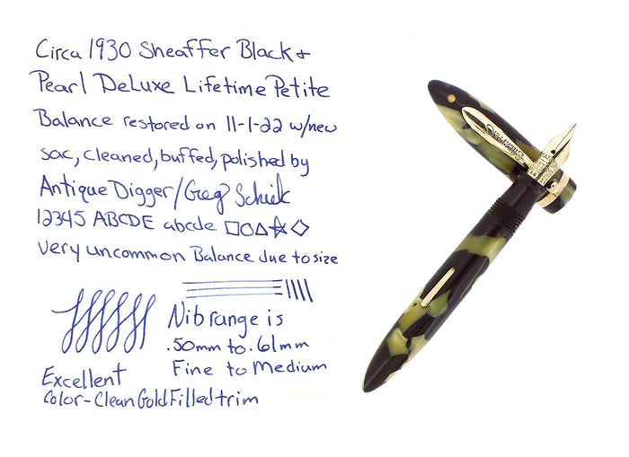 C1930 SHEAFFER DELUXE PETITE BLACK & PEARL LIFETIME BALANCE FOUNTAIN PEN RESTORED OFFERED BY ANTIQUE DIGGER