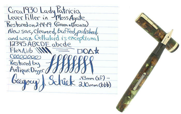 C1930 WATERMAN LADY PATRICIA MOSS AGATE FOUNTAIN PEN XF-BBB FLEX NIB RESTORED OFFERED BY ANTIQUE DIGGER