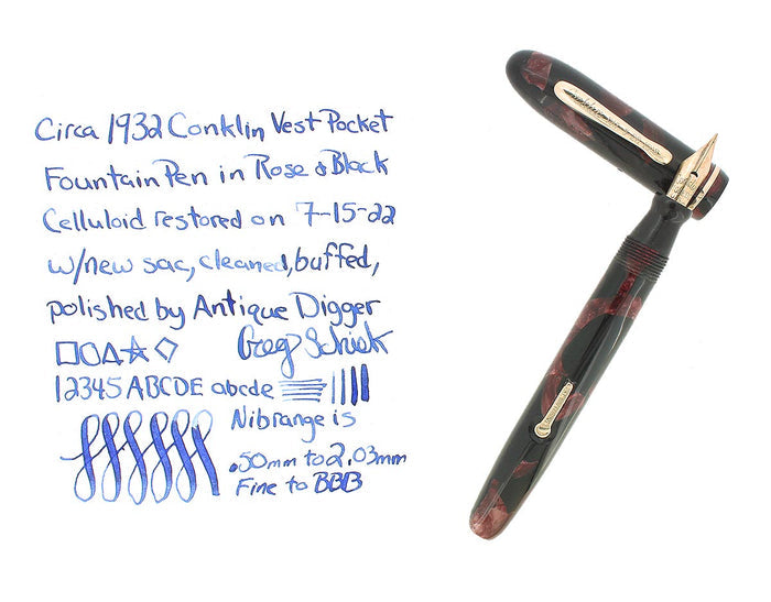 C1932 CONKLIN VEST POCKET ROSE & BLACK MARBLE FOUNTAIN PEN RESTORED OFFERED BY ANTIQUE DIGGER
