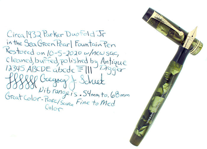 C1932 STREAMLINE DUOFOLD JR DELUXE SEA GREEN PEARL FOUNTAIN PEN RESTORED OFFERED BY ANTIQUE DIGGER