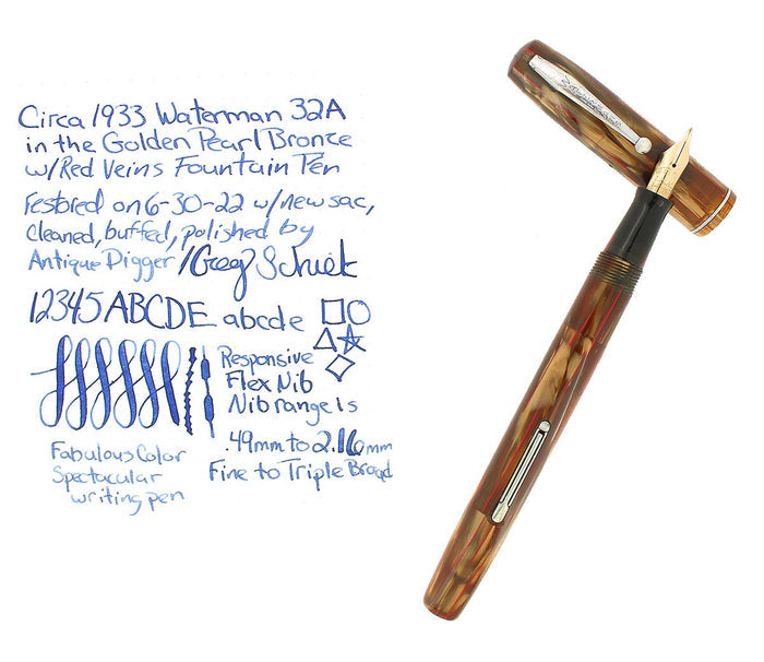 C1933 WATERMAN #32A GOLDEN PEARL BRONZE W/RED VEINS FOUNTAIN PEN RESTORED OFFERED BY ANTIQUE DIGGER