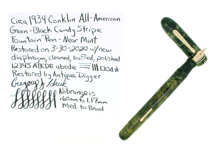 C1934 CONKLIN ALL AMERICAN GREEN BLACK CANDY STRIPE FOUNTAIN PEN RESTORED NEAR MINT OFFERED BY ANTIQUE DIGGER
