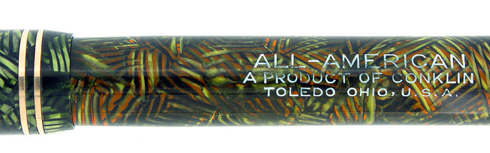 C1934 CONKLIN ALL AMERICAN GREEN BLACK CANDY STRIPE FOUNTAIN PEN RESTORED NEAR MINT OFFERED BY ANTIQUE DIGGER